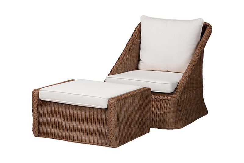 Novia Bohemian Peanut Brown Braided Rattan 2-Piece Arm Chair and Footstool Set