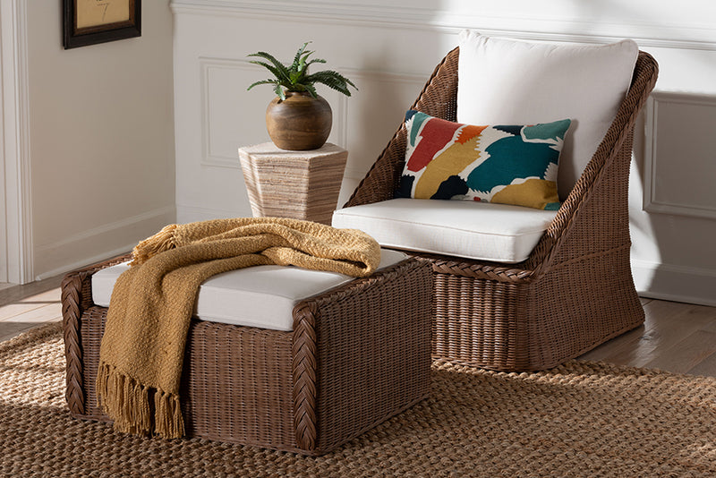 Novia Bohemian Peanut Brown Braided Rattan 2-Piece Arm Chair and Footstool Set