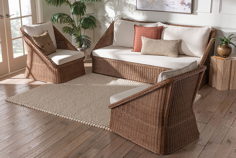 Novia Bohemian Peanut Brown Braided Rattan 3-Piece Living Room Set