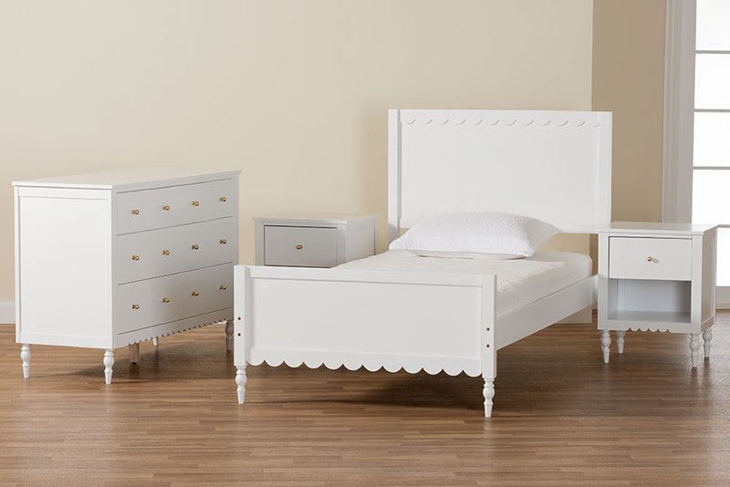 Ygritte Modern White Scalloped Wood 4Pc Full Bedroom Set with Two Nightstands Baxton