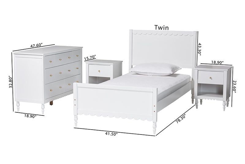 Ygritte Modern White Scalloped Wood 4-Piece Full Bedroom Set with Two Nightstands