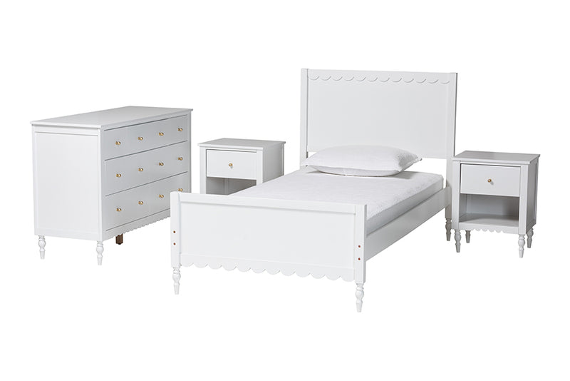 Ygritte Modern White Scalloped Wood 4-Piece Twin Bedroom Set with Two Nightstands