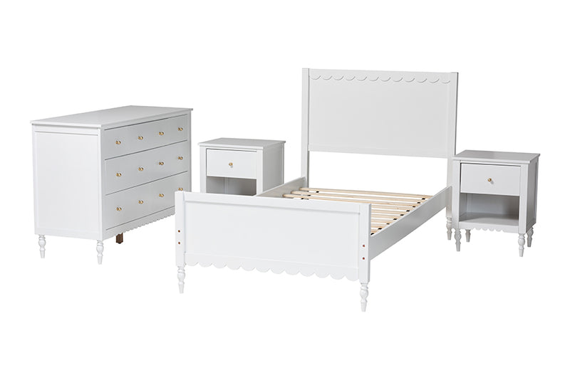 Ygritte Modern White Scalloped Wood 4-Piece Full Bedroom Set with Two Nightstands