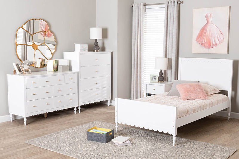 Ygritte Modern White Wood 4Pc Full Bedroom Set with Scalloped Edges Baxton