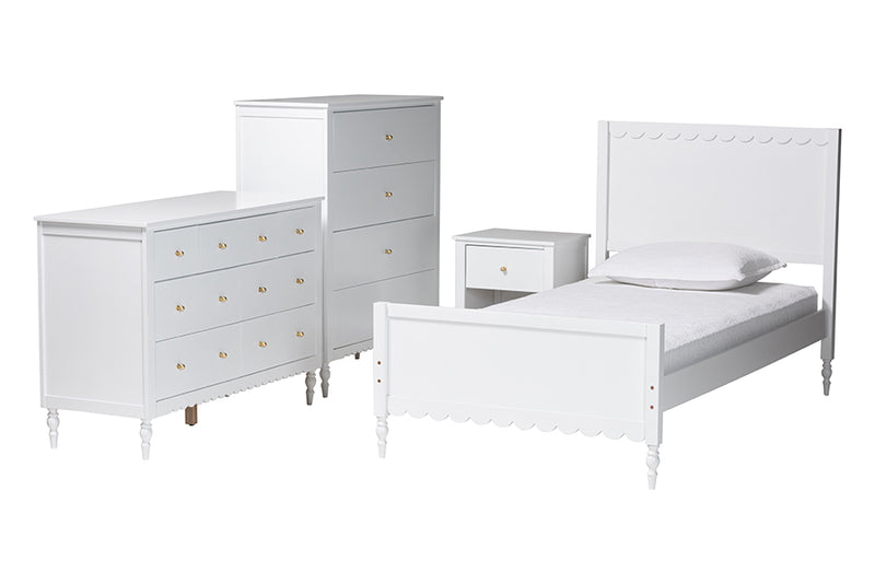 Ygritte Modern White Wood 4-Piece Twin Bedroom Set with Scalloped Edges