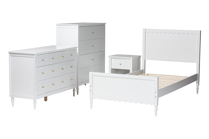 Ygritte Modern White Wood 4Pc Full Bedroom Set with Scalloped Edges Baxton