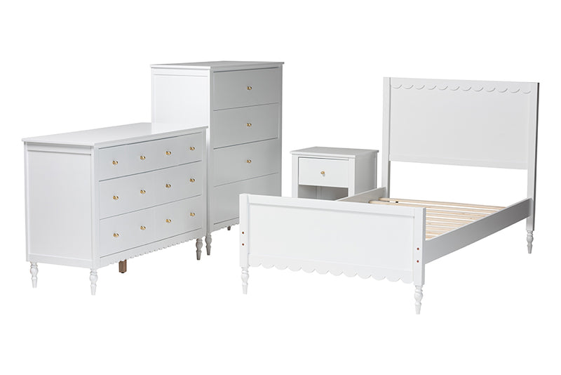 Ygritte Modern White Wood 4-Piece Twin Bedroom Set with Scalloped Edges