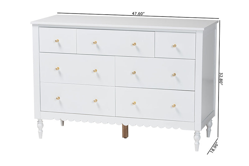 Ygritte Modern White Wood 7-Drawer Dresser with Scalloped Edges Baxton