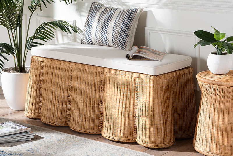Claire Bohemian Scallop Natural Rattan Ottoman with Cushion Baxton