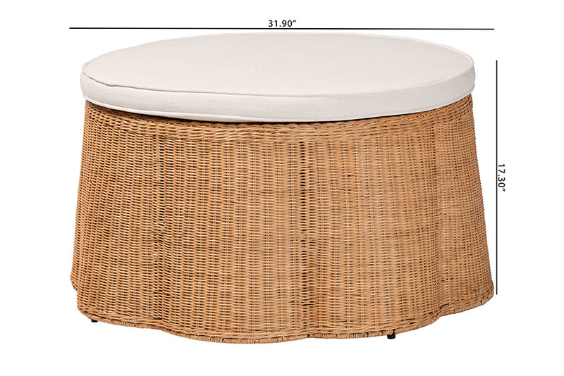 Claire Scallop Base Natural Rattan Ottoman with Cushion Baxton