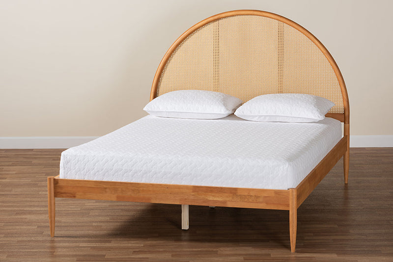 Ulmer Japandi Oak Brown Wood Queen Bed with Antique Rattan Baxton