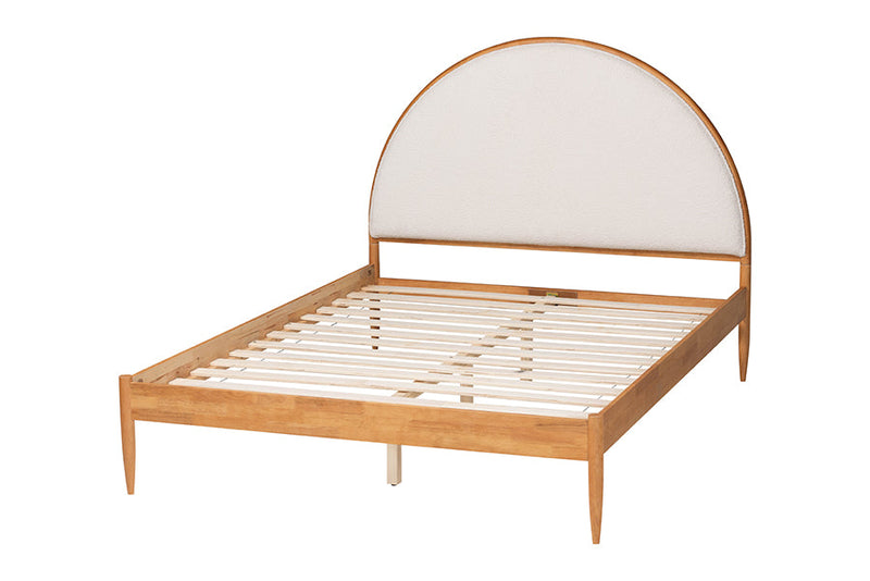 Hansa Japandi Cream Teddy Fabric and Oak Brown Wood Queen Bed Baxton