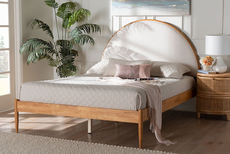 Hansa Japandi Cream Teddy Fabric and Oak Brown Wood Queen Bed Baxton