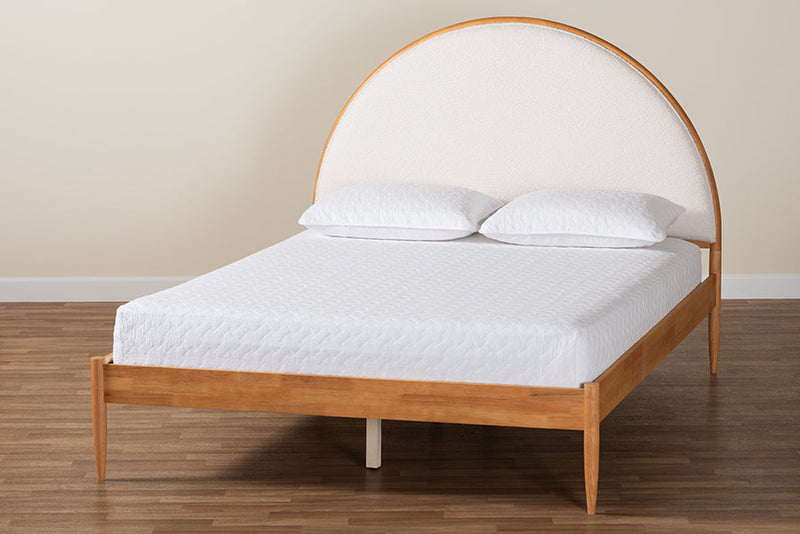 Hansa Japandi Cream Teddy Fabric and Oak Brown Wood Queen Bed Baxton