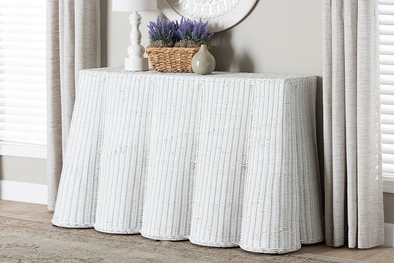 Claire Bohemian White Scallop Rattan Console Table Baxton