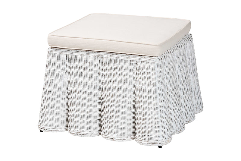 Claire Bohemian White Scallop Rattan Ottoman