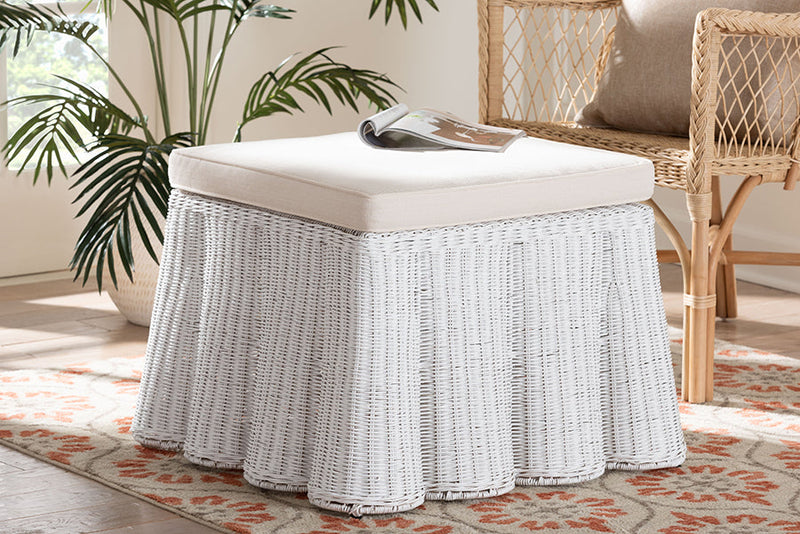 Claire Bohemian White Scallop Rattan Ottoman Baxton