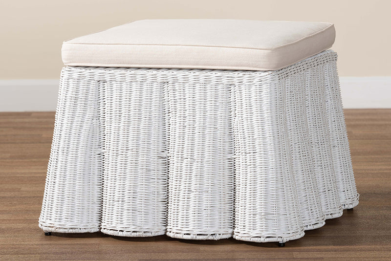 Claire Bohemian White Scallop Rattan Ottoman