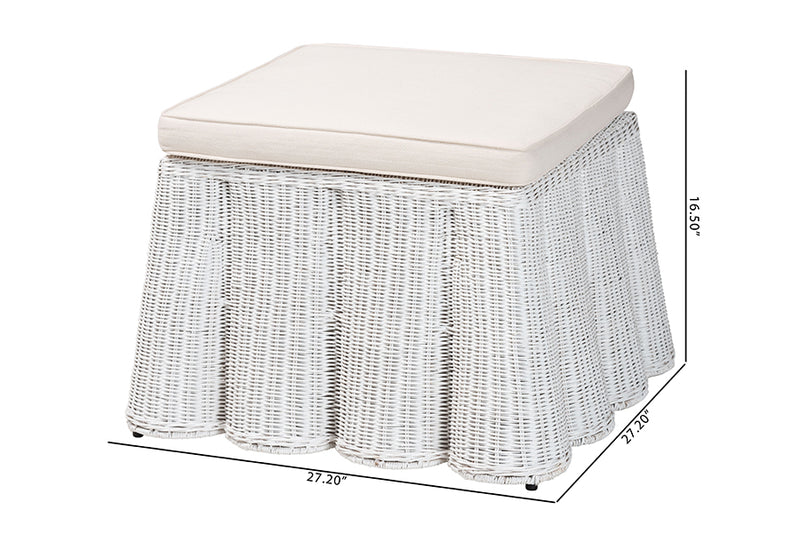 Claire Bohemian White Scallop Rattan Ottoman