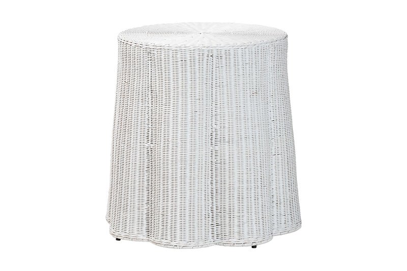 Claire Bohemian White Scalloped Rattan End Table