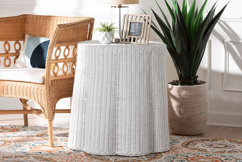 Claire Bohemian White Scalloped Rattan End Table
