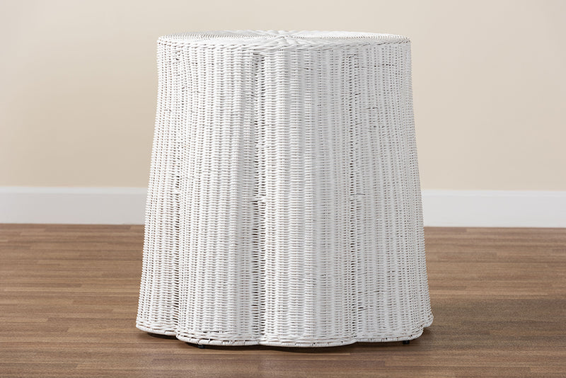 Claire Bohemian White Scalloped Rattan End Table