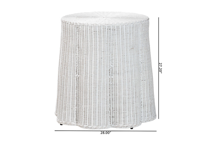 Claire Bohemian White Scalloped Rattan End Table