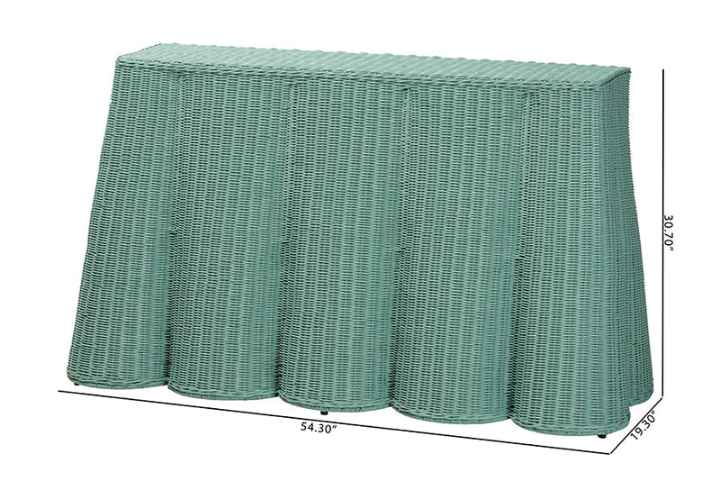 Claire Bohemian Seafoam Green Scallop Rattan Console Table Baxton