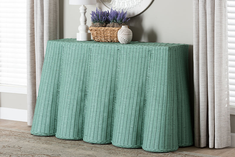 Claire Bohemian Seafoam Green Scallop Rattan Console Table