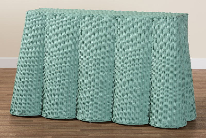 Claire Bohemian Seafoam Green Scallop Rattan Console Table