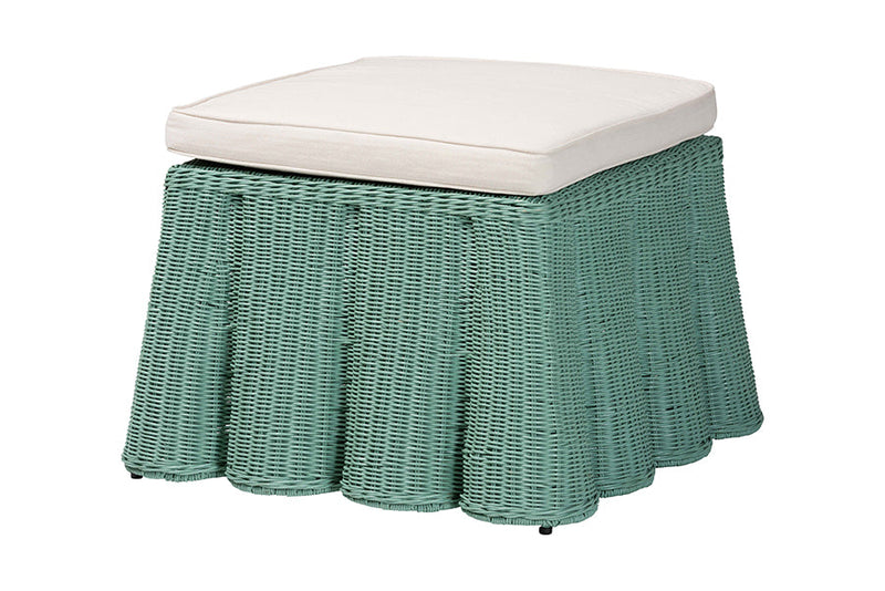 Claire Bohemian Seafoam Green Scallop Rattan Ottoman Baxton