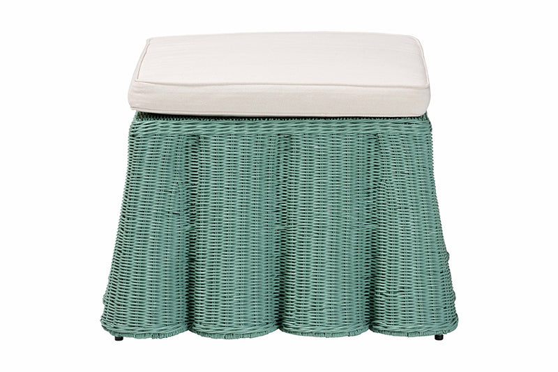 Claire Bohemian Seafoam Green Scallop Rattan Ottoman