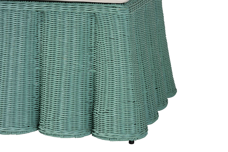 Claire Bohemian Seafoam Green Scallop Rattan Ottoman