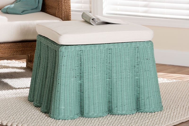 Claire Bohemian Seafoam Green Scallop Rattan Ottoman