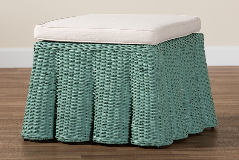 Claire Bohemian Seafoam Green Scallop Rattan Ottoman