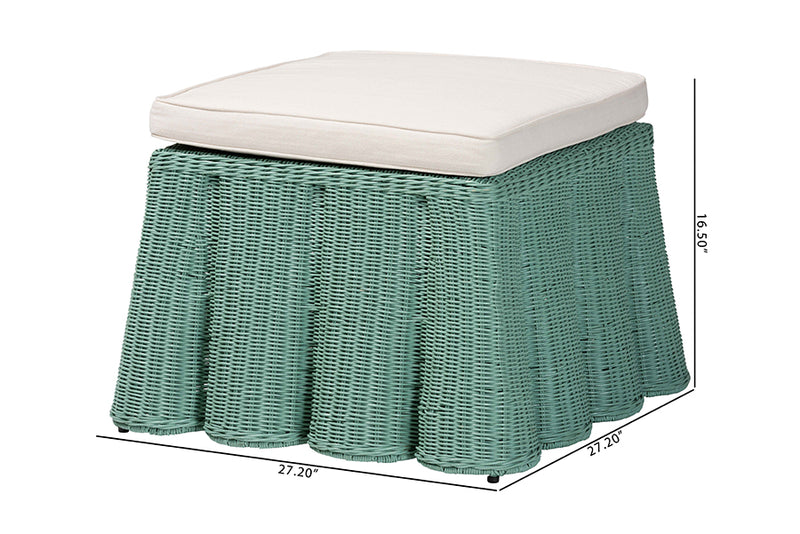 Claire Bohemian Seafoam Green Scallop Rattan Ottoman