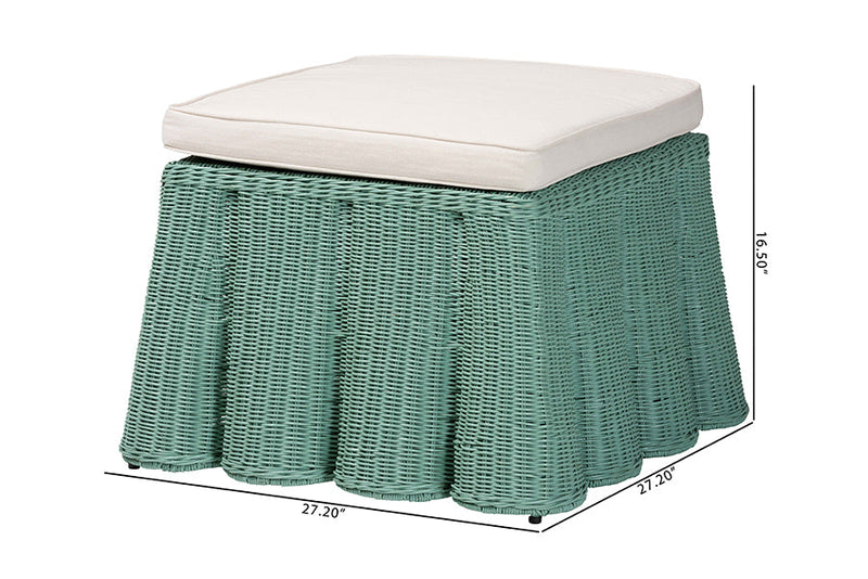Claire Bohemian Seafoam Green Scallop Rattan Ottoman Baxton