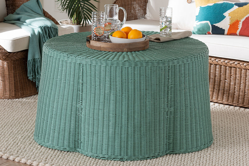 Claire Bohemian Seafoam Green Scalloped Rattan Coffee Table