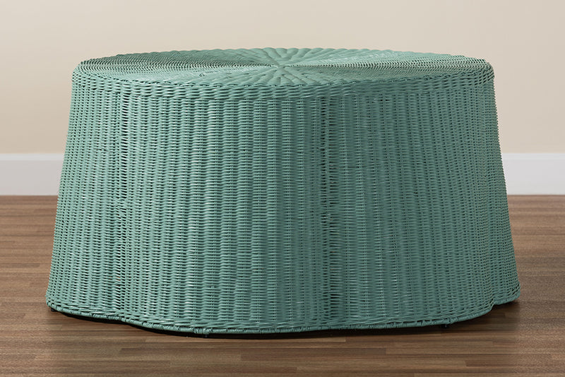 Claire Bohemian Seafoam Green Scalloped Rattan Coffee Table