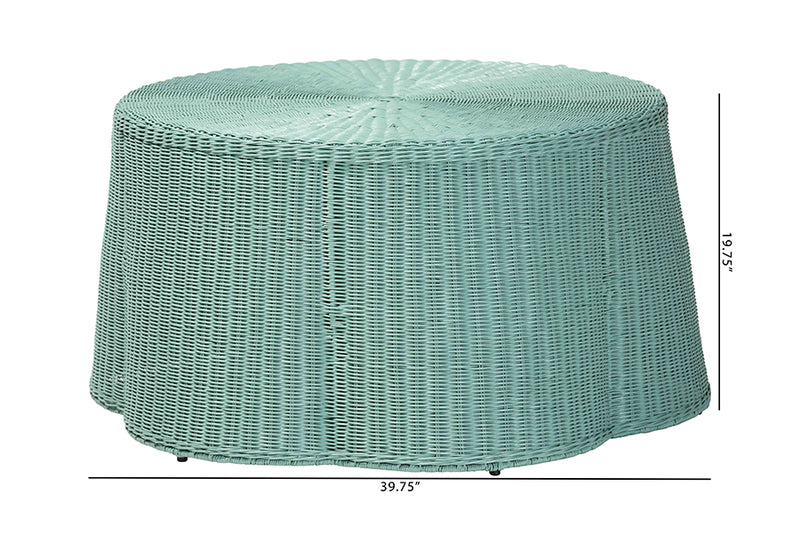 Claire Bohemian Seafoam Green Scalloped Rattan Coffee Table