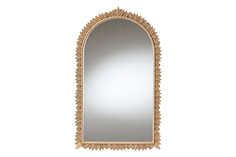 Walda Antique Gold Finished Wood Arch Accent Wall Mirror w/Carved Leaf Border