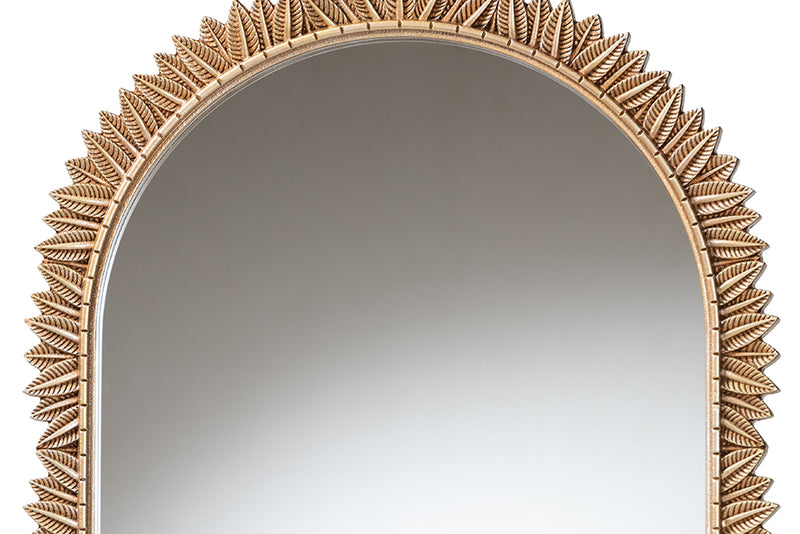 Walda Antique Gold Finished Wood Arch Accent Wall Mirror w/Carved Leaf Border