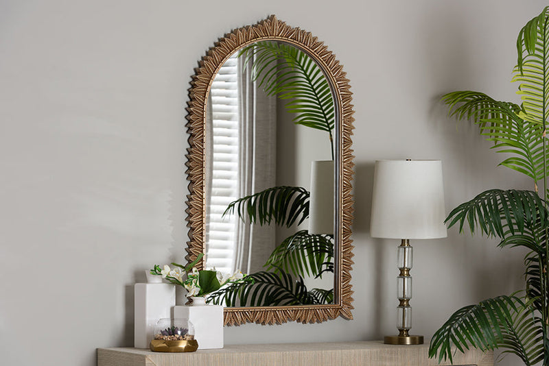 Walda Antique Gold Arch Accent Wall Mirror w/Carved Leaf Border Baxton