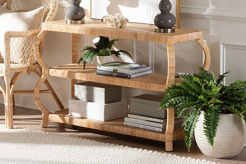 Cassiopeia Bohemian Natural Rattan 3-Tier Console Table Baxton