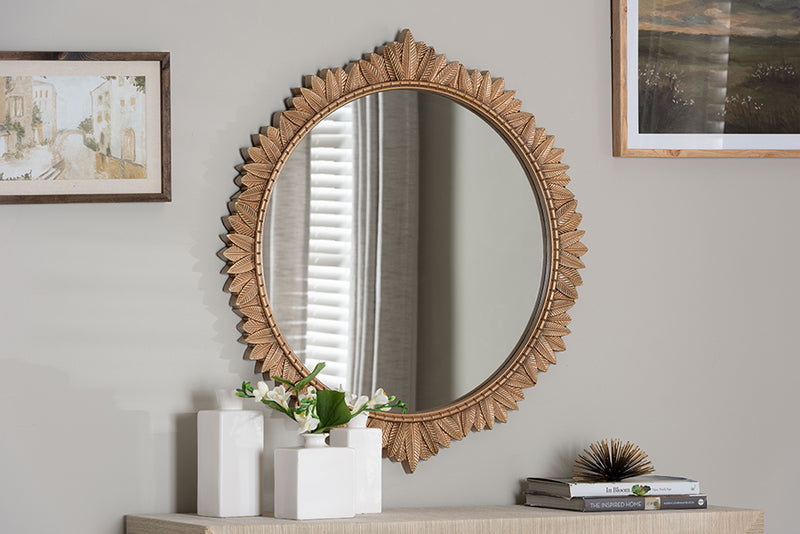 Walda Antique Gold Finished Wood Round Accent Wall Mirror w/Carved Leaf Border