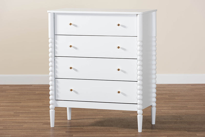 Laverne White Bobbin Wood 4-Drawer Chest Baxton