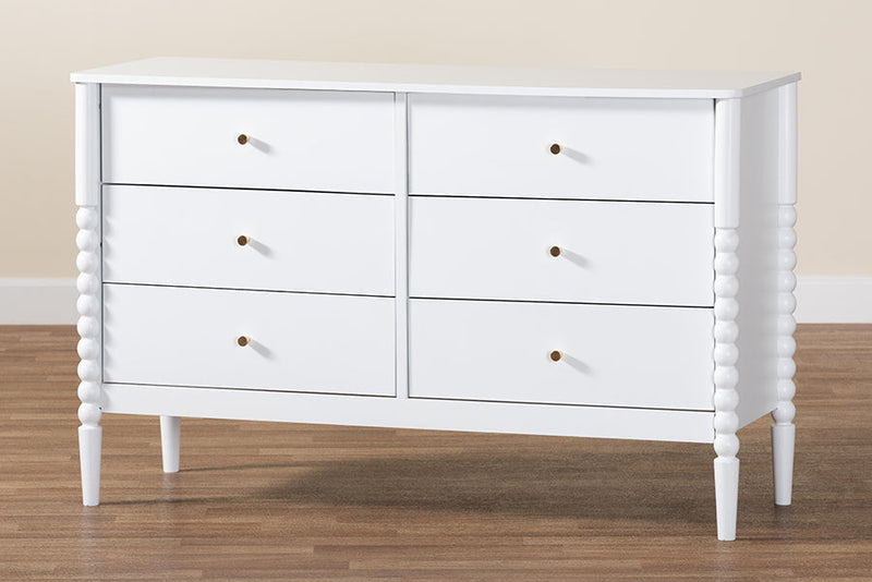 Laverne White Bobbin Wood 6-Drawer Dresser Baxton