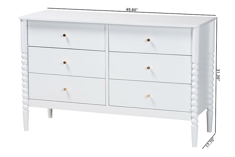 Laverne White Bobbin Wood 6-Drawer Dresser Baxton