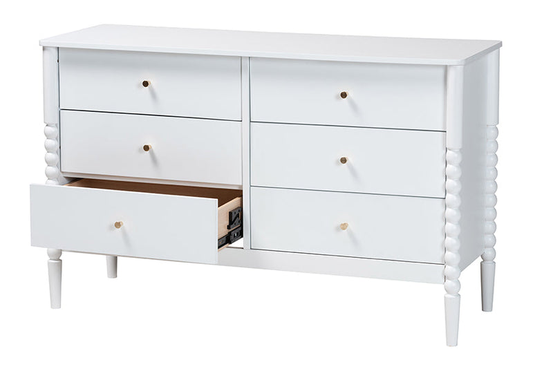 Laverne White Bobbin Wood 6-Drawer Dresser Baxton