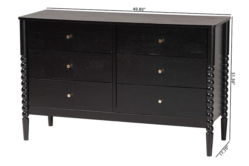 Laverne Black Bobbin Wood 6-Drawer Dresser Baxton